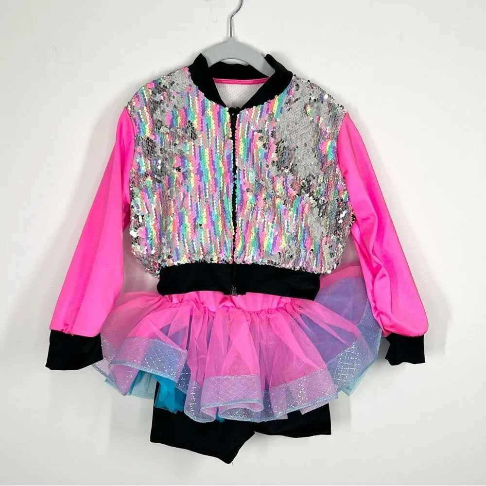Weissman Showtime Lip Gloss Dance Costume Rainbow Sequin Jacket Tutu IC